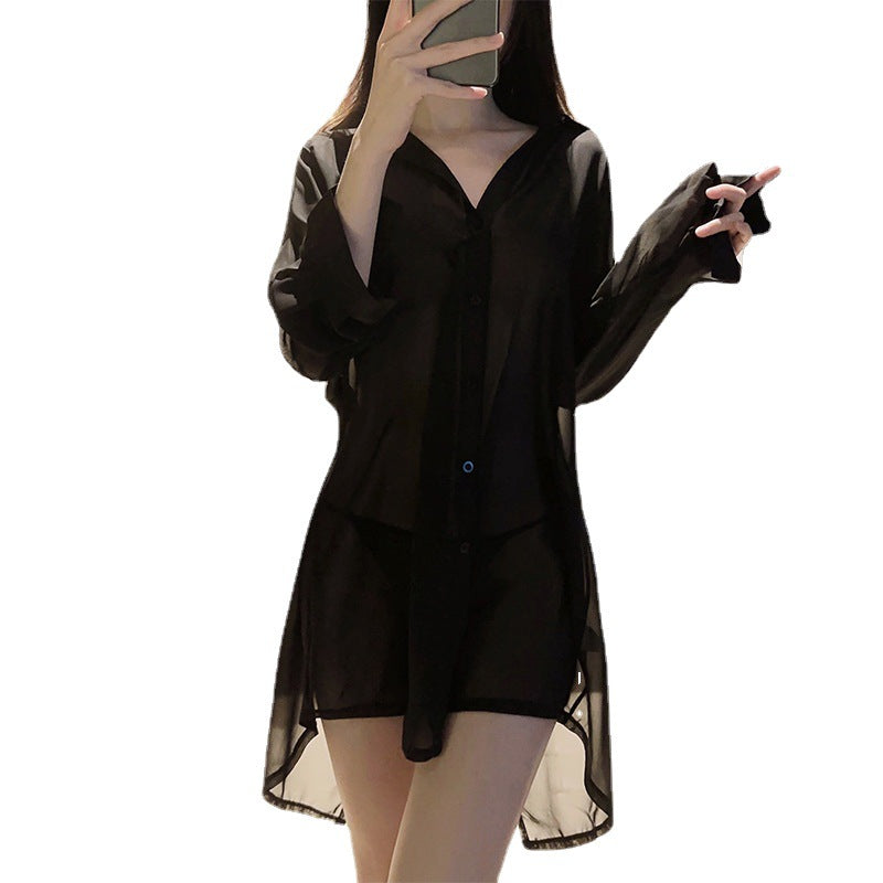 Image of erotic lingerie feminine see-through uniform temptation plus size backless shirt passion boyfriend style pajamas set 8850